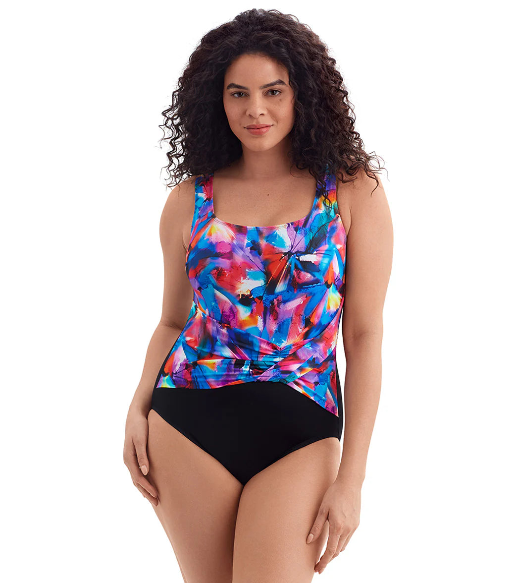 Longitude Women's Brushpainter Twist Pull Sash Tank Long Torso One Piece Swimsuit