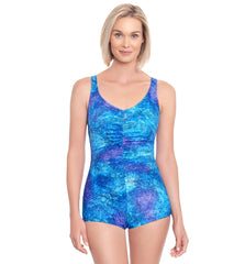 Penbrooke Women's Chlorine Resistant Whirlwind Shirred Girl Leg One Piece Swimsuit
