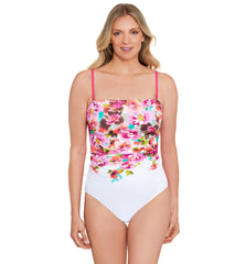 Shape Solver By Penbrooke Women's Border Floral Shirred Bandeau  One Piece Swimsuit