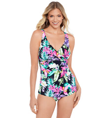 Shape Solver By Penbrooke Women's Mystic Tropic Cross Over Sarong One Piece Swimsuit