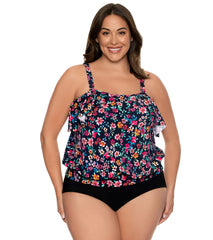 Penbrooke Women's Plus Size Sweetest Escape Bandeau Split Ruffle Blouson Tankini Top