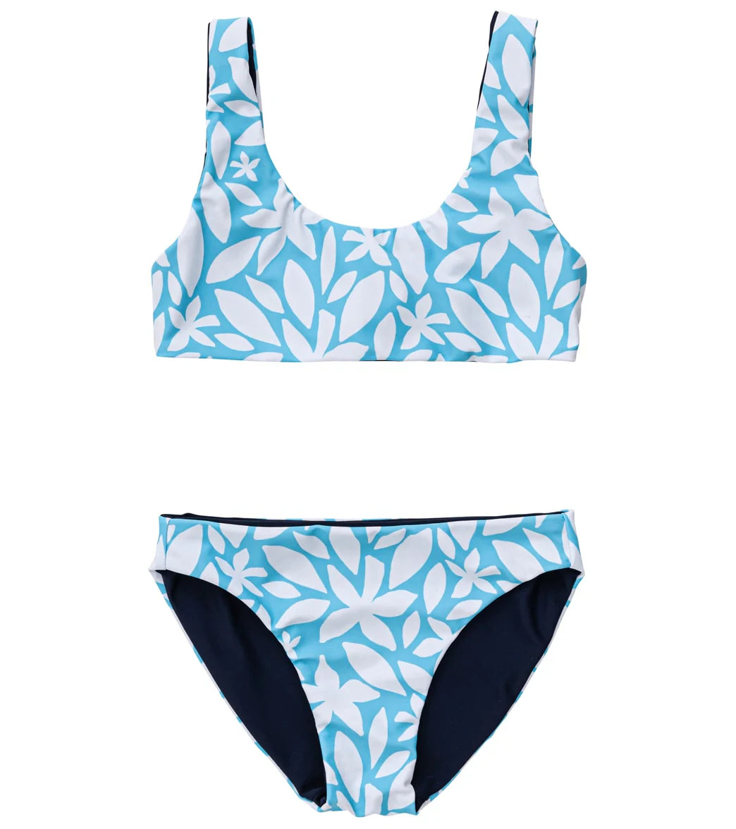 Snapper Rock Girls' Aqua Bloom Sustainable Reversible Surf Bow Bikini Set (Big Kid)