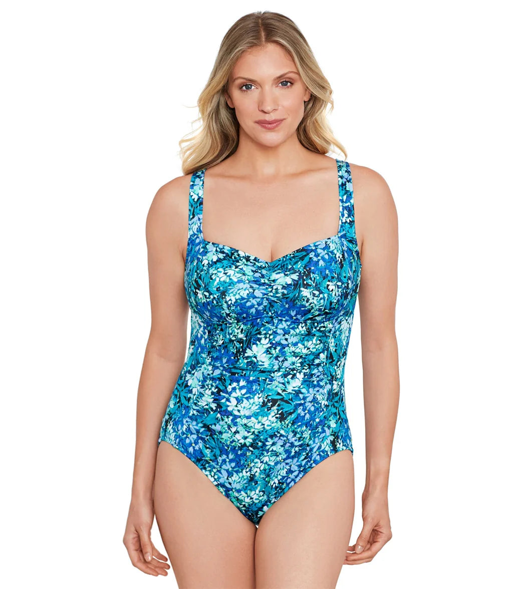 Shape Solver By Penbrooke Women's Floral Frenzy Spa Chlorine Resistant  Shirred Bodice  One Piece Swimsuit
