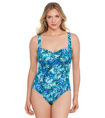 Shape Solver By Penbrooke Women's Floral Frenzy Spa Chlorine Resistant  Shirred Bodice  One Piece Swimsuit