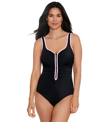 Shape Solver SPORT Women's Color Coated Shirred Zipper Tank One Piece Swimsuit